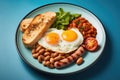 Traditional full English breakfast with fried eggs, sausages, beans, grilled tomatoes and bacon. AI Generated Royalty Free Stock Photo