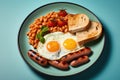 Traditional full English breakfast with fried eggs, sausages, beans, grilled tomatoes and bacon. AI Generated Royalty Free Stock Photo