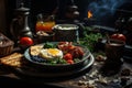 Traditional full English breakfast with fried eggs, sausages, beans, grilled tomatoes and bacon. AI Generated Royalty Free Stock Photo