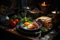 Traditional full English breakfast with fried eggs, sausages, beans, grilled tomatoes and bacon. AI Generated Royalty Free Stock Photo