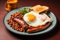 Traditional full English breakfast with fried eggs, sausages, beans, grilled tomatoes and bacon. AI Generated Royalty Free Stock Photo