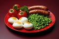 Traditional full English breakfast with fried eggs, sausages, beans, grilled tomatoes and bacon. AI Generated Royalty Free Stock Photo