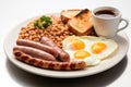 Traditional full English breakfast with fried eggs, sausages, beans, grilled tomatoes and bacon. AI Generated Royalty Free Stock Photo