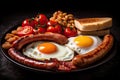 Traditional full English breakfast with fried eggs, sausages, beans, mushrooms, grilled tomatoes and bacon on black background. Ai Royalty Free Stock Photo
