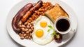 Traditional full English breakfast with fried eggs, sausages, beans, mushrooms, grilled tomatoes and bacon on white Royalty Free Stock Photo