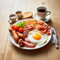 Traditional full English breakfast with fried eggs, sausages, beans, mushrooms, grilled tomatoes and bacon on white plate Royalty Free Stock Photo