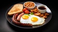 Traditional full English breakfast with fried eggs, sausages, beans, mushrooms, grilled tomatoes and bacon on white Royalty Free Stock Photo