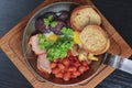 Traditional Full English Breakfast. Sunny-side-up fried eggs, sausages, beans, mushrooms and bacon in a frying pan Royalty Free Stock Photo