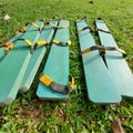 a traditional game tool from Indonesia "clogs" made of long wooden boards and rubber straps