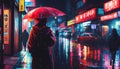 Traditional Japanese Geisha girl in red with umbrella on a wet street watercolor Royalty Free Stock Photo