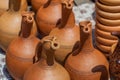 Traditional Georgian clay jugs for sale in the village of Shrosha, Georgia