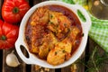 Traditional Georgian dish of stewed chicken in tomato sauce Chakhokhbili Royalty Free Stock Photo