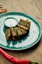 Traditional Georgian dolma - rice with minced meat in grape leaves on a blue plate with yogurt sauce. Wood background. Top view. Royalty Free Stock Photo