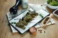 Traditional Georgian dolma - rice with minced meat in grape leaves on a white plate with yogurt sauce. Wood background. Food Royalty Free Stock Photo