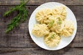 Traditional Georgian khinkali, selective focus, top view