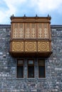 Traditional Georgian old wooden carved hanging balcony in Akhaltsikhe (Rabati) Castle courtyard, Georgia