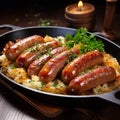 Traditional German barbecue Bratwurst sausages served as top view in a rustic cast iron frying pan Royalty Free Stock Photo