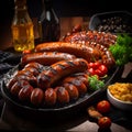 Traditional German barbecue Bratwurst sausages served as top view in a rustic cast iron frying pan Royalty Free Stock Photo