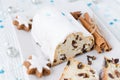 Traditional german christmas cake stollen with cookies and decoration