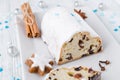 Traditional german christmas cake stollen with cookies and decoration