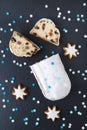 Traditional german christmas cake stollen with cookies and decoration