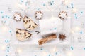 Traditional german christmas cake stollen with cookies and decoration