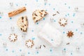 Traditional german christmas cake stollen with cookies and decoration