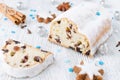 Traditional german christmas cake stollen with cookies and decoration