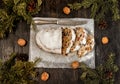 Traditional German Christmas fruit cake stollen on a dark background, around the fir branches and walnuts. View from above,copy s