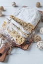 German whole christmas Stollen or Christstollen on white background with decoration Royalty Free Stock Photo