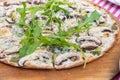 Traditional german dish flammkuchen with cheese, mushrooms and rocket salad