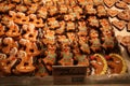 Traditional German glazed honey cookies Honig Lebkuchen in showcase at the fair at night Royalty Free Stock Photo