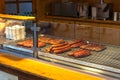Grilled sausages in the Christmas market in Berlin, Germany