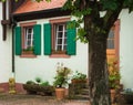 A traditional german house with white walls, green shutters and tile roof, a yard with flower pots and a tree near it