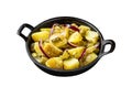 Traditional German Kartoffelsalat potato salad with cucumber, onion and mayonnaise in a skillet. Isolated on white