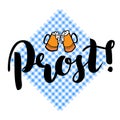 Traditional German Oktoberfest bier festival with text Prost Cheers and two biers. lettering illustration isolated o