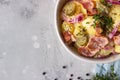 Traditional German potato salad with cucumber, onion and bacon prepared in Swabian-Style Southern Germany. Royalty Free Stock Photo