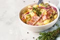 Traditional German potato salad with cucumber, onion and bacon prepared in Swabian-Style Southern Germany. Royalty Free Stock Photo