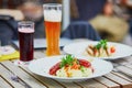 Traditional German sausages with mashed potato and beer Royalty Free Stock Photo