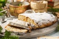 Traditional German stollen, sweet cake with candied fruits