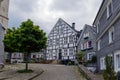 Traditional German wooden townhouses around Neviges Church in Velbert, Germany.