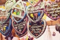 Traditional gingerbread hearts at German Christmas Market Royalty Free Stock Photo