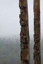 Traditional Gitxsan totem poles with mist covered forest behind