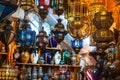 Traditional glass and metal lamps in shop in the medina of Tuni