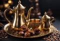 Traditional golden Arabic coffee set with dallah, coffee pot and dates. Dark background. Vertical photo