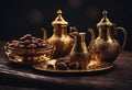 Traditional golden Arabic coffee set with dallah, coffee pot and dates. Dark background. Vertical photo Royalty Free Stock Photo