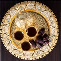 Traditional golden arabic coffee set with dallah, three cups of Royalty Free Stock Photo