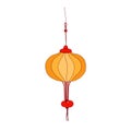 Traditional golden Chinese street lantern hanging on chord. Festive decorative collapsible paper light in China and