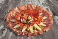 Traditional Gourmet Appetizer Savory Dish Set On Old Weathered Cracked Wooden Garden Table Royalty Free Stock Photo