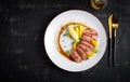 Traditional gourmet duck breast fillet with mashed potatoes and orange sauce. Top view, overhead Royalty Free Stock Photo